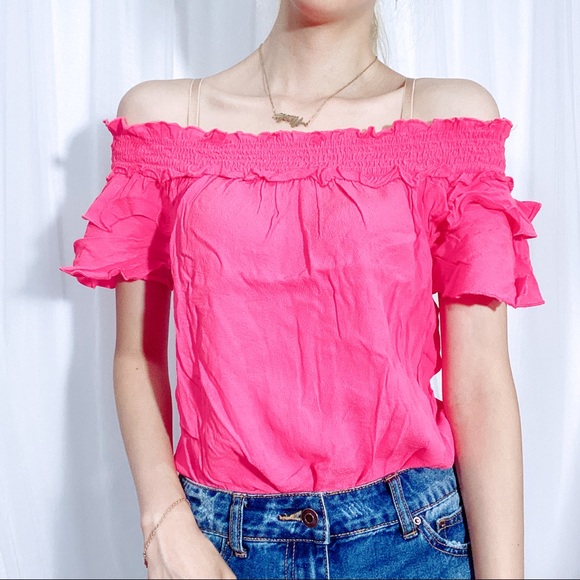 Ruffle Off Shoulder Blouse Hot Pink Small - Picture 3 of 6